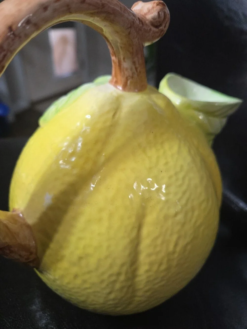 American Vintage Ceramic Lemon Pitcher Hand Painted Yellow Leaf Handle - Used
